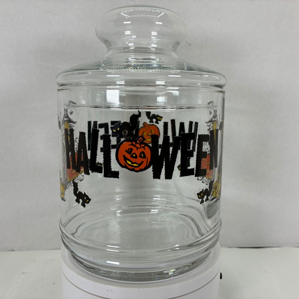 Vintage Halloween Glass Candy Jar Witch Black Cat Pumpkin Apothecary Canister
